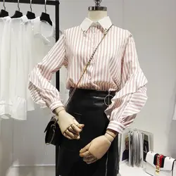 2018 Весенняя Корейская версия край листа лотоса рубашка в полоску с длинными рукавами Офисные женские туфли милые полосатая блузка для