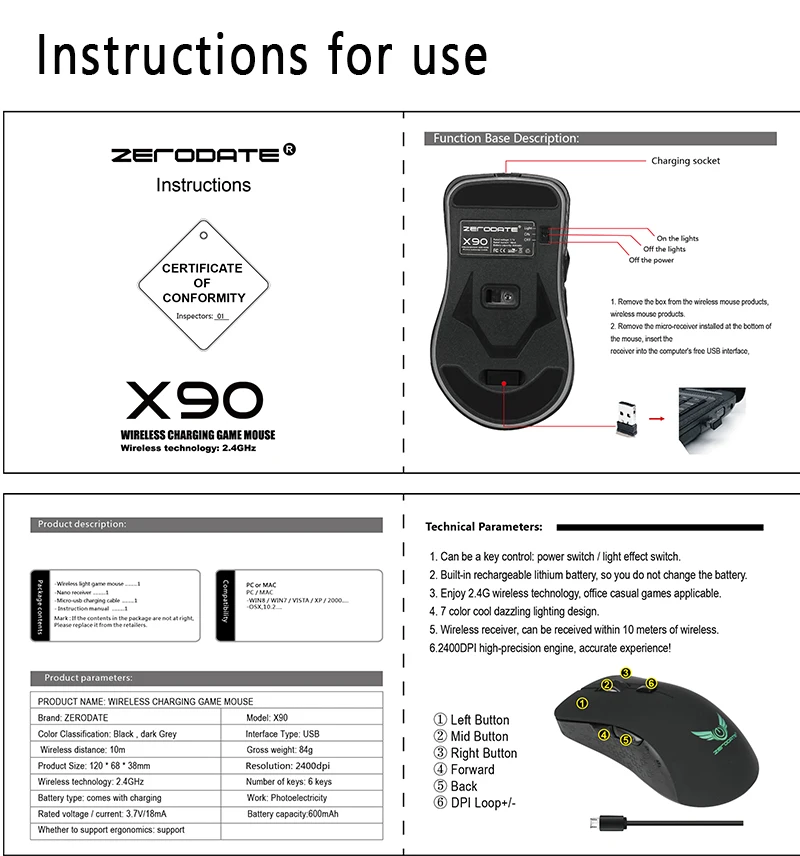 X90 USB 2,4 ГГц Беспроводная мышь цветная дышащая подсветка перезаряжаемая 2400 dpi оптическая компьютерная мышь геймер для ПК ноутбука