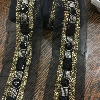 

goldens sequins black Rhinestone Beaded lace trim Diy craft clothing decorative sew on lace trimming motif patches for clothing