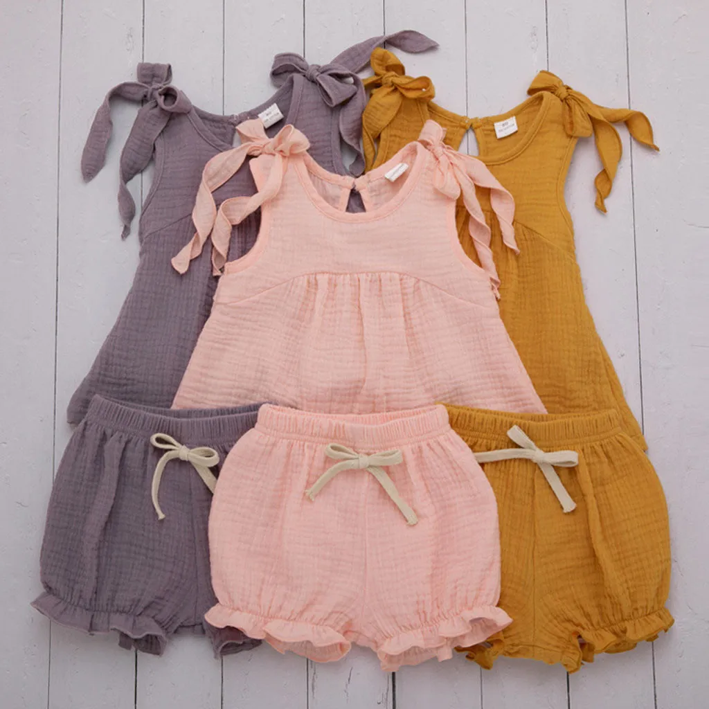 Toddler Baby Girl summer clothes Casual Straps Solid Tops Ruffles PP Shorts Linen clothes Sets For newborn Cute baby Outfits