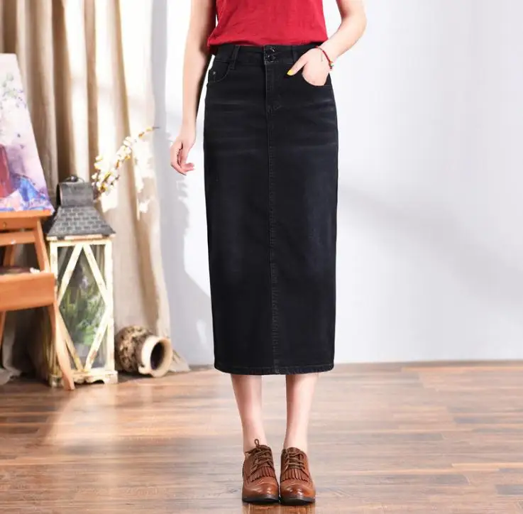 Женская новая джинсовая юбка, большие размеры, черная длинная сумка, бедра, юбки - Цвет: Черный