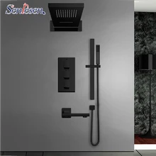 Senlesen черный Термостатический смеситель для душа набор дождь водопад насадки для душа настенный держатель смесителя ванной кран фильтр для 4-полосная Термостатический смеситель для душа