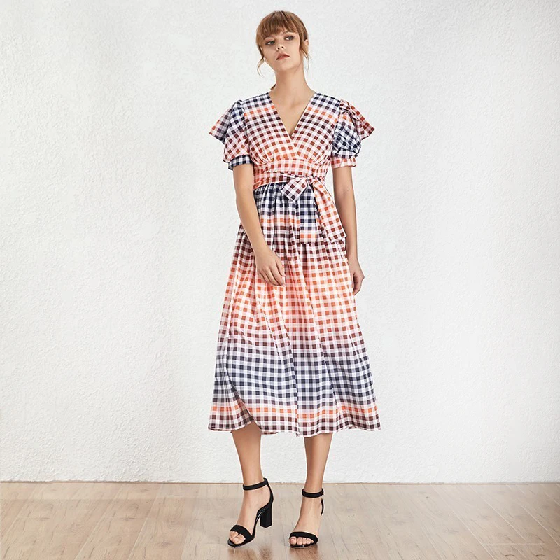 TWOTWINSTYLE-Casual-Hit-Color-Women-Dress-V-Neck-Puff-Sleeve-High-Waist-Lace-Up-Plaid-Long