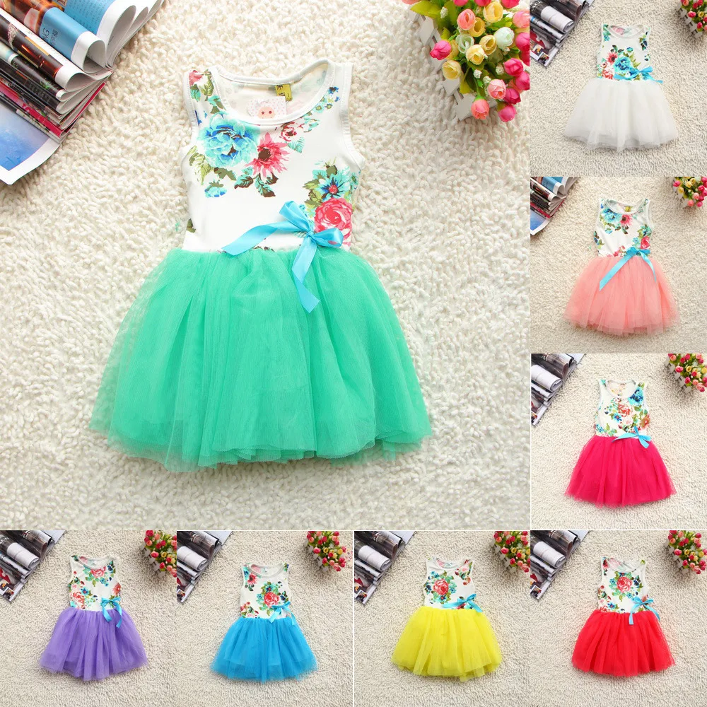 Новое летнее платье с цветочным принтом для маленьких девочек платье-пачка без рукавов с бантом детская одежда