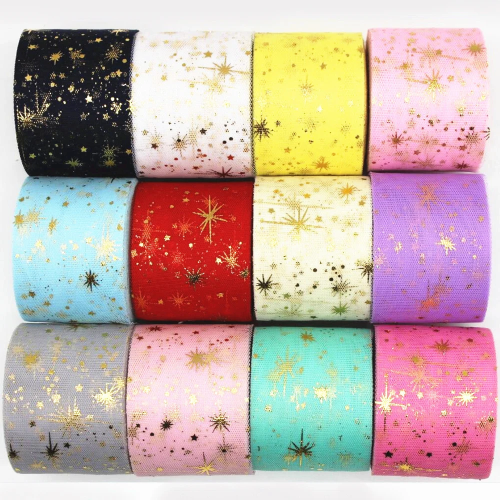 

6cm Fireworks/Star Ribbon 25 yards/package Tulle Roll Tutu Wedding Party Decoration Headwear Festive Mesh Fashion Gold Bow 60mm