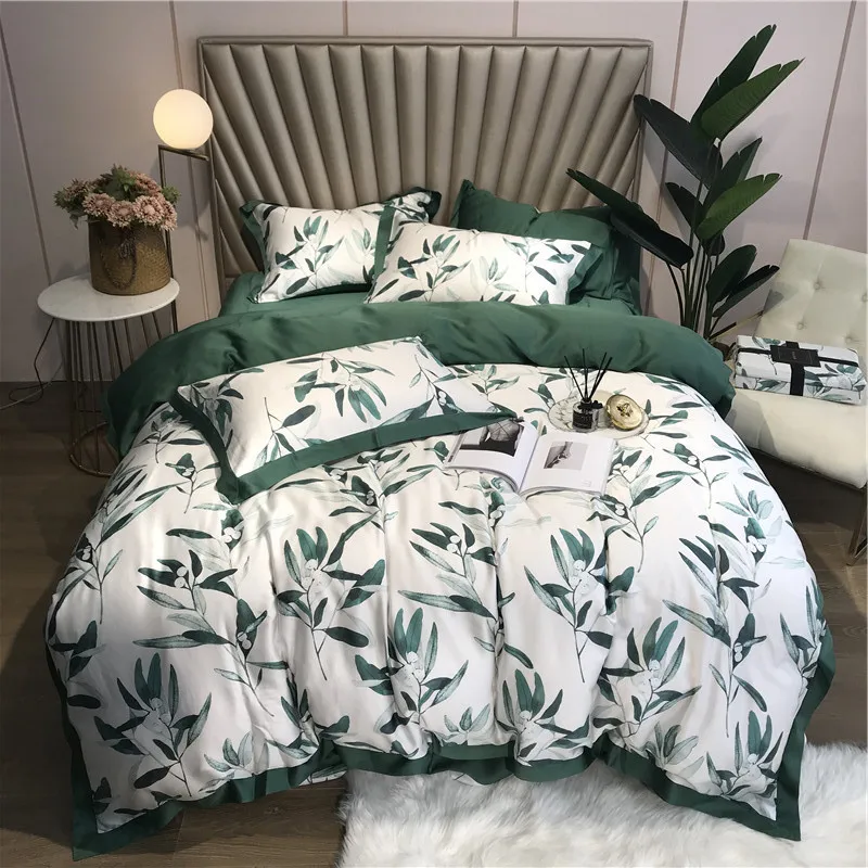 Green Leaves Bedding Sets Bedclothes Duvet Quilt Cover Tencel Bed