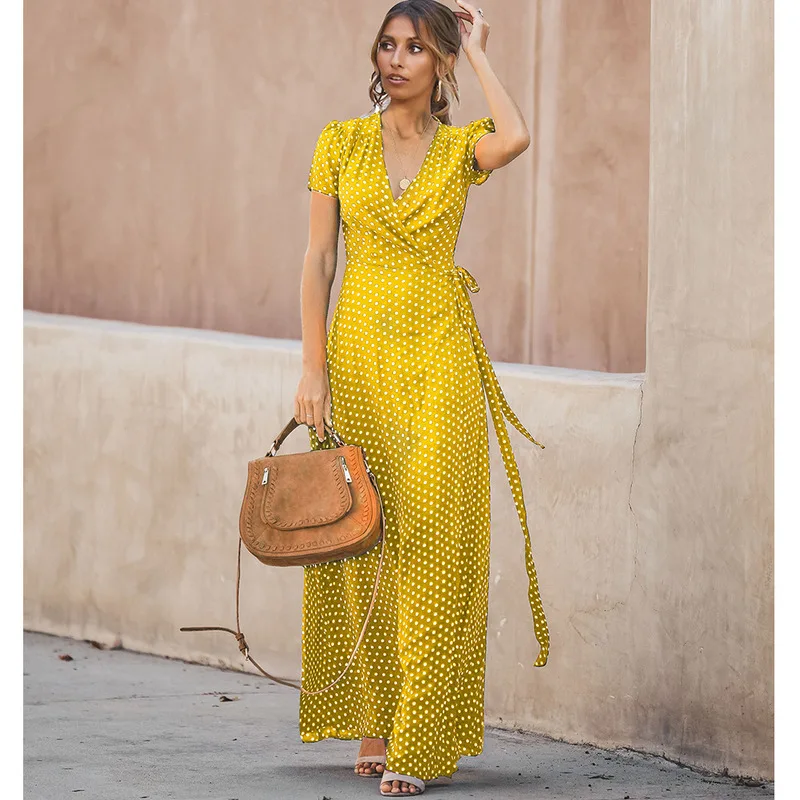 

2019 Casual Polka Dot Print Maxi Dress Summer Red Sexy V Neck Split Party Long Dress Female Black Short Sleeve A Line Boho Dress