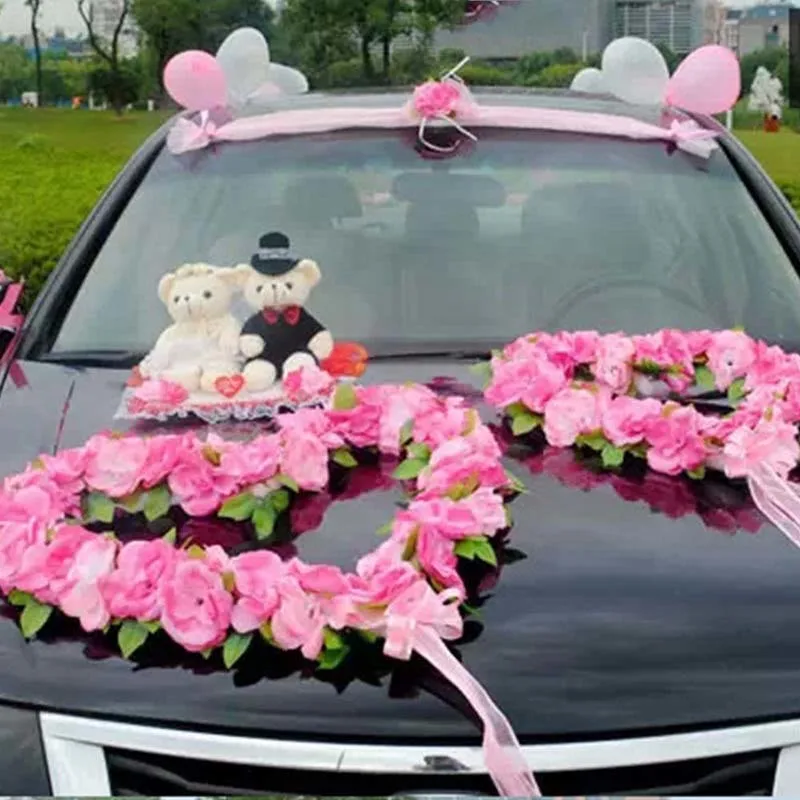 Свадебный автомобильный декор, набор романтических сердечек, набор с розами, искусственные цветы w, имитация медведей, сделай сам, букет цветов, искусственный венок, вечерние украшения