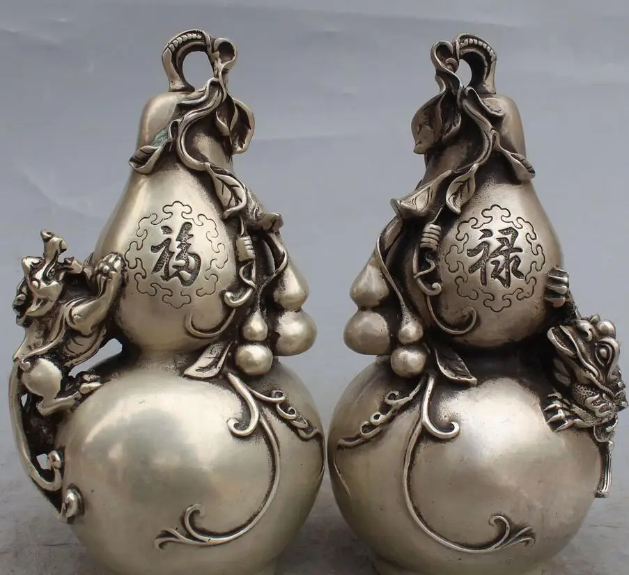 

fafa8800151<<10" Marked Chinese Silver Wealth Pixiu Calabash Cucurbit Golden Toad pair Statue