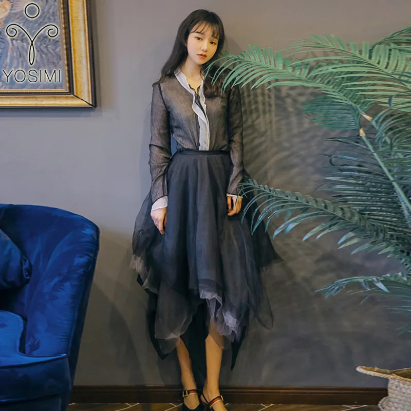 

Spring Summer Women 2 Piece Set Black Women Dress Vintage Full Sleeve Pullover Shirt +mesh Skirt Fluffy Dress Female Skirt Set