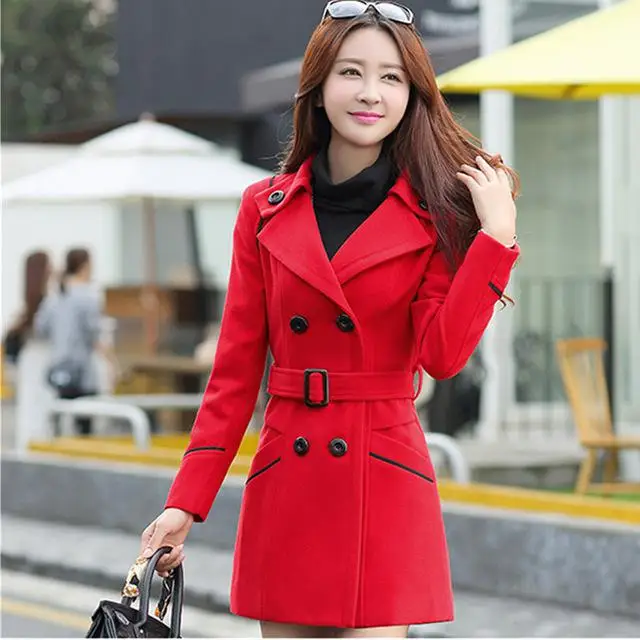 Женское шерстяное пальто больших размеров, новинка, Осеннее приталенное однобортное пальто средней длины с поясом, корейское пальто Casaco Feminino - Цвет: 3