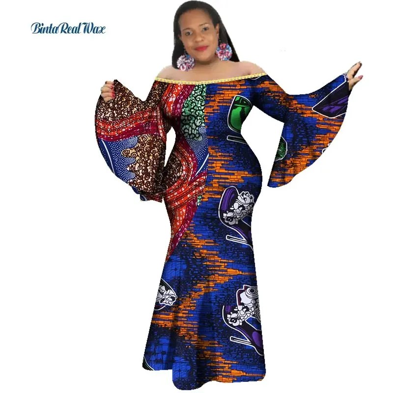 Новые африканские платья с принтом для женщин, с заклепками, в стиле пэчворк, с рюшами, с длинным рукавом, платье русалки, вечерние платья, Vestido Bazin, африканская одежда, WY3339 - Цвет: 2