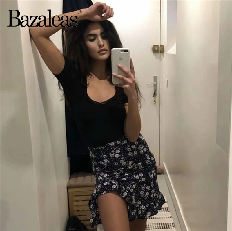 Bazaleas, сексуальная короткая юбка, Женская юбка с оборками, винтажная, фиолетовая, с принтом подсолнуха, Женская мини-юбка, Прямая поставка