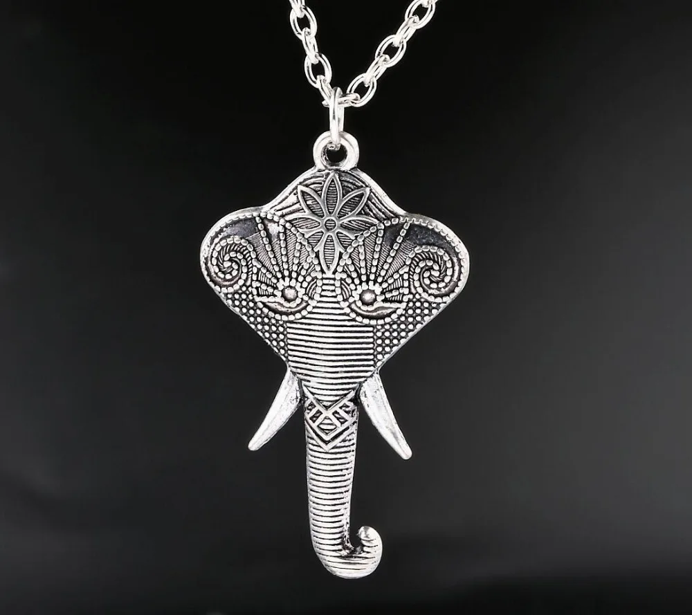 

46x27MM Elephant Charms Necklace Carving Patterns Elephant Pendants Necklaces Antique Silver Plated Jewelry For Women Gift New