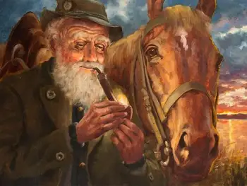 

TOP Old soldier and horse Sunset coastline at the seaside friendship 100% hand painted oil painting on canvas free shipping