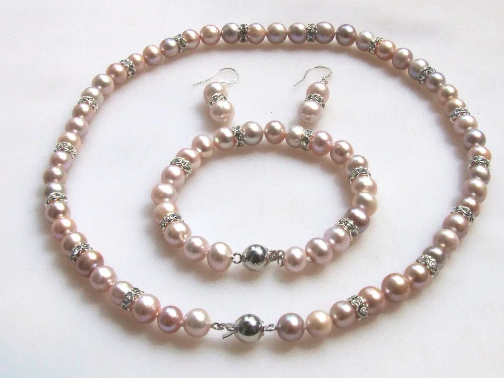 

2010 8-9mm purple freshwater pearl necklace bracelet earring hook ss925 set