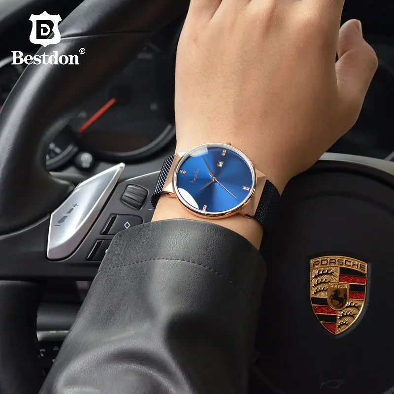 Bestdon минималистский часы Для мужчин Элитный бренд известный дизайнер Geek Стиль Швейцарии розовое золото Нержавеющая сталь набор кварцевых часов