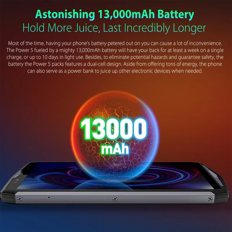 Мобильный телефон Ulefone power 5, 13000 мАч, Android 8,1, 6,0 дюймов, FHD, MTK6763, четыре ядра, 6 ГБ+ 64 ГБ, 21 МП, функция распознавания лица, Беспроводная зарядка, 4G SM