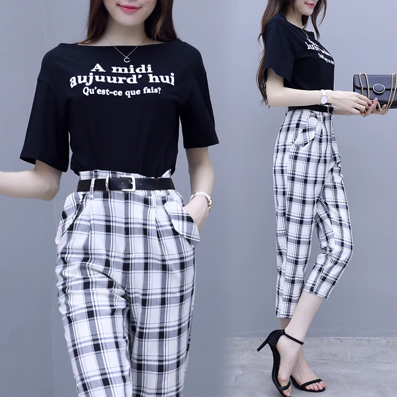 

2019 Fashion Summer Two Piece Set Women Print t shirts + Plaid Pants 2 Piece pants Set 2 Piece Outfits for women tracksuits
