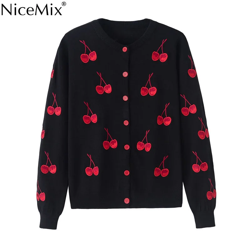 Женский свитер NiceMix, короткий вязаный свитер с вишневой вышивкой на весну и осень Женский свитер NiceMix, короткий вязаный свитер с вишневой вышивкой на весну и осень