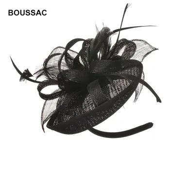 

Classic Black Cocktail Feather Fascinators Wedding Women Headband Sinamay Headpiece Feamale Party Races Hair Accessories KNF22