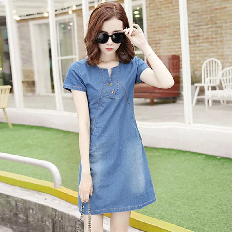 Hot Sale 2019 Summer Denim Dress Women Casual O-neck Short Sleeve Pockets Jeans Dresses Loose Dress Vestidos Plus Size 3XL