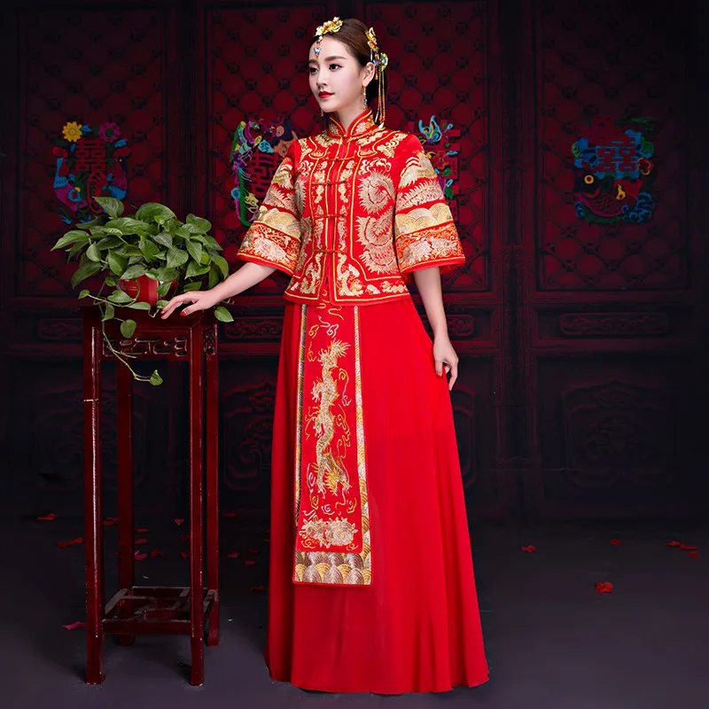 Традиционный китайский Свадебное платье Qipao Vestido Oriental Стиль платья современный Cheongsam красный Вышивка