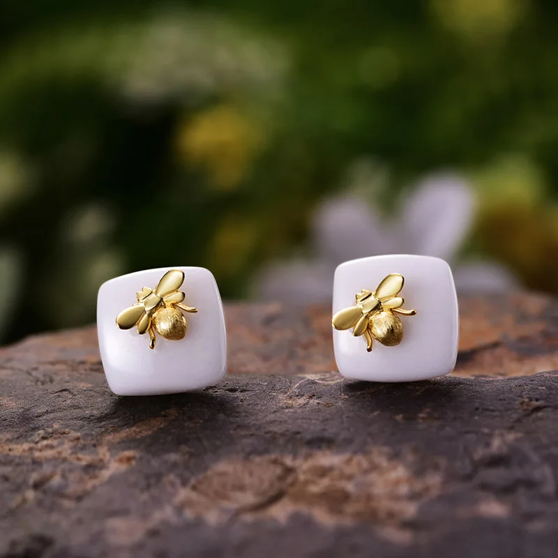 

Lotus Fun Solid 925 Sterling Silver Earrings for Women Square Ceramic Insect Bee Stud Earring Silver 925 Jewelry Gifts for Girl