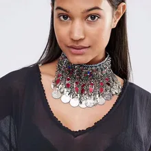 Ladyfirst 2016 Nueva Joyería Grande de La Manera Maxi Gargantillas Coin Largo Metal Multicolor Boho Borla Collar de la Declaración Para Las Mujeres 3983