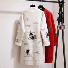 Осенняя и новая модель, вязанная Верхняя одежда без подкладки, кардиган, свитер, женское платье, пальто, корейская мода с вышивкой