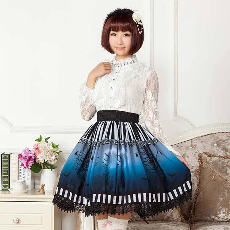 

Original Design Japanese Gothic Dark Blue Halloween Themed Tree and Bat Printed Pleated Lolita for Girl