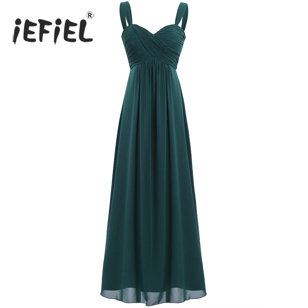 

iEFiEL Womens Vestido de festa Chiffon Dress Pleated Rural Long Dress Hidden Back Evening Party Prom Gown Female Elegant Dress