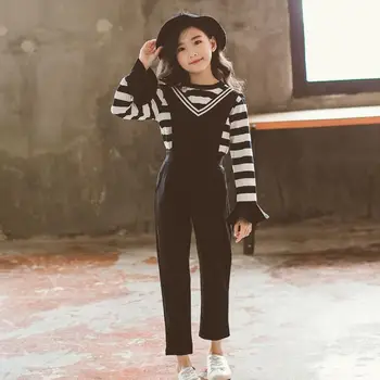 

New Spring Autumn Kids Girls Cotton Set Teenage Girl Striped Tops+Solid Overall Pants Tracksuit Baby Girl Clothes 2pcs Suits T83