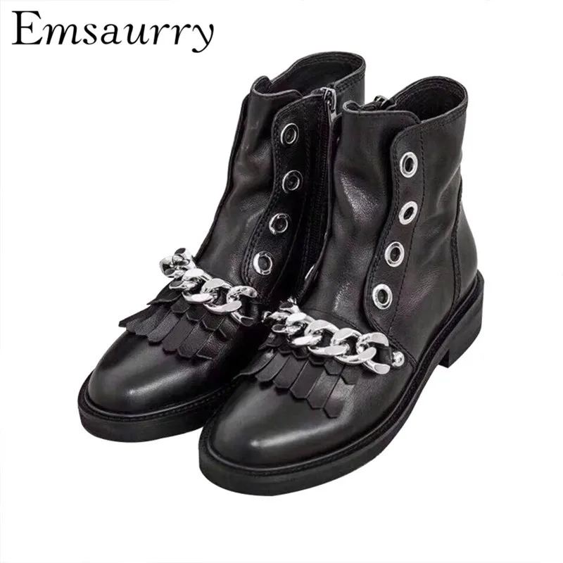 

New Arrival Chains Fringe Knight Boots Black Geniune Leather Martin Boots Square Heel Round Toe Ankle Boots Women