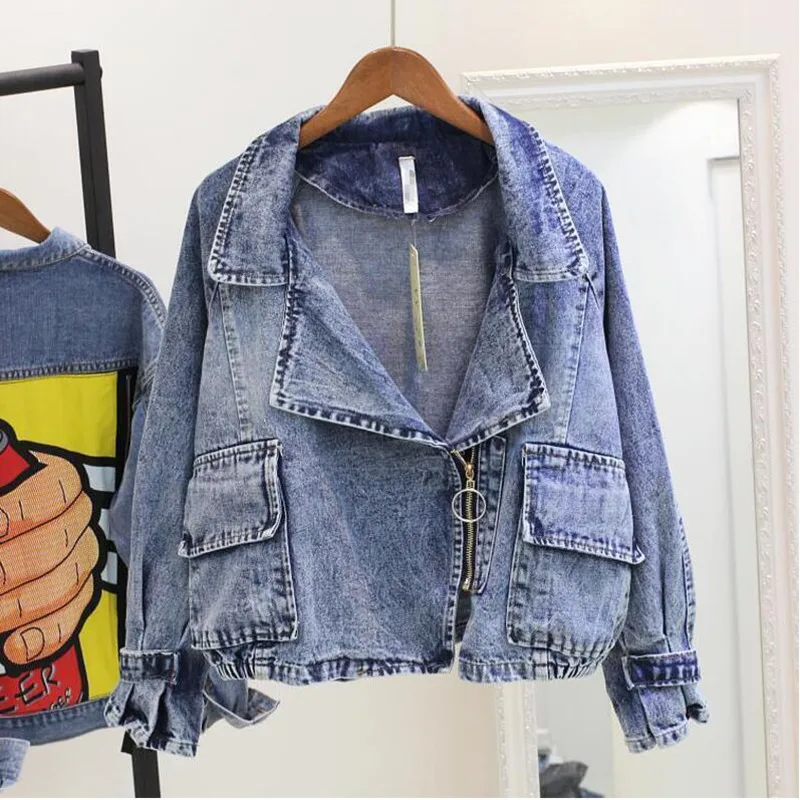 

[LANMREM] 2019 summer new Solid Color Turn-down Collar long sleeve Vintage coat tops Ladies clothing trend women Denim jacket