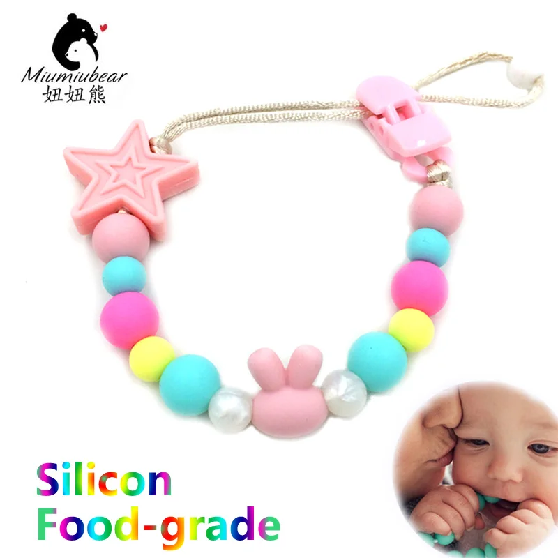 

Cute rabbit head shaped silicon pacifier clip chewable food-grade beads holder toy chain teether anti-drop leash BPA free