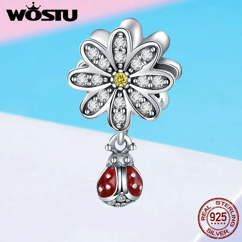 Günstig WOSTU Hohe Qualität 925 Sterling Silber Daisy   Marienkäfer Baumeln Charme fit Original DIY Perlen Armband Schmuck Machen Geschenk CQC727