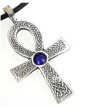 

30pcs a lot antique silver plated religious ankh cross with blue crystal pendant necklace jewelry
