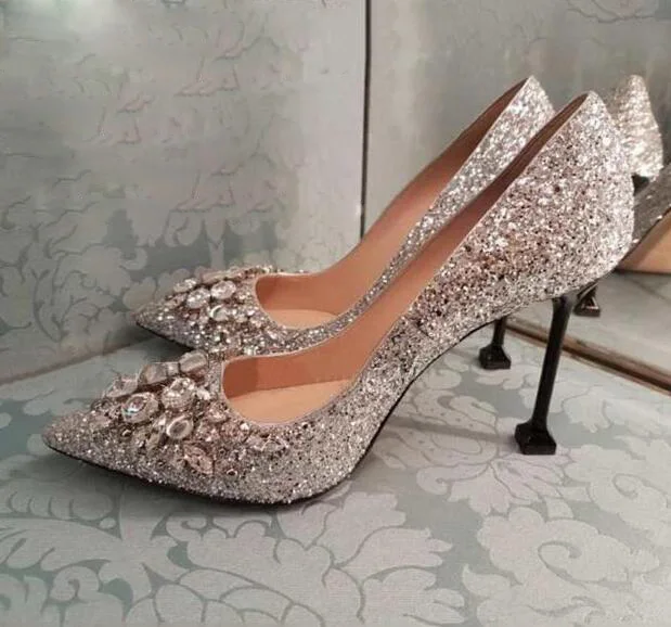 2017 spring sapato de noiva sexy pointed toe ladies pumps high heels pumps shoes bling bling crystal wedding shoes bride shoes