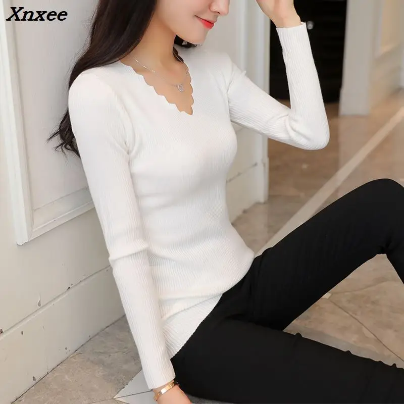Pull Femme Hiver 2018 Autumn Winter Knitted Women Sweaters and Pullovers V Neck Long Sleeve Solid Slim Women Tops Chandail Femme