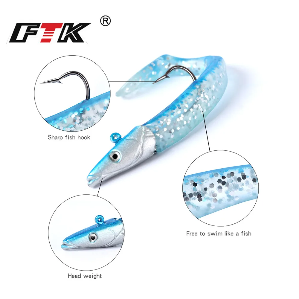 FTK EeL Jig Heads 3DEyes Combo Sea Fishing Boat Shore Lure 100mm 20g Spare Bodies Black Soft Bait Lead Fish for Bass Pike