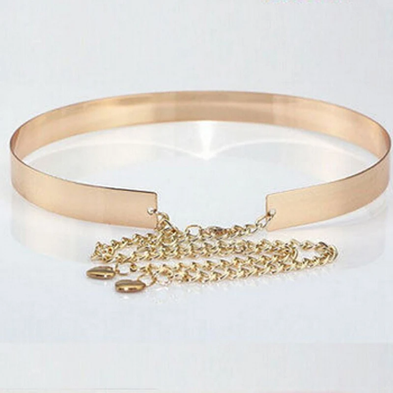 Womens Gold Belt High Waist Metal Mirror Metallic Plate Wide Obi Band Chains NEW