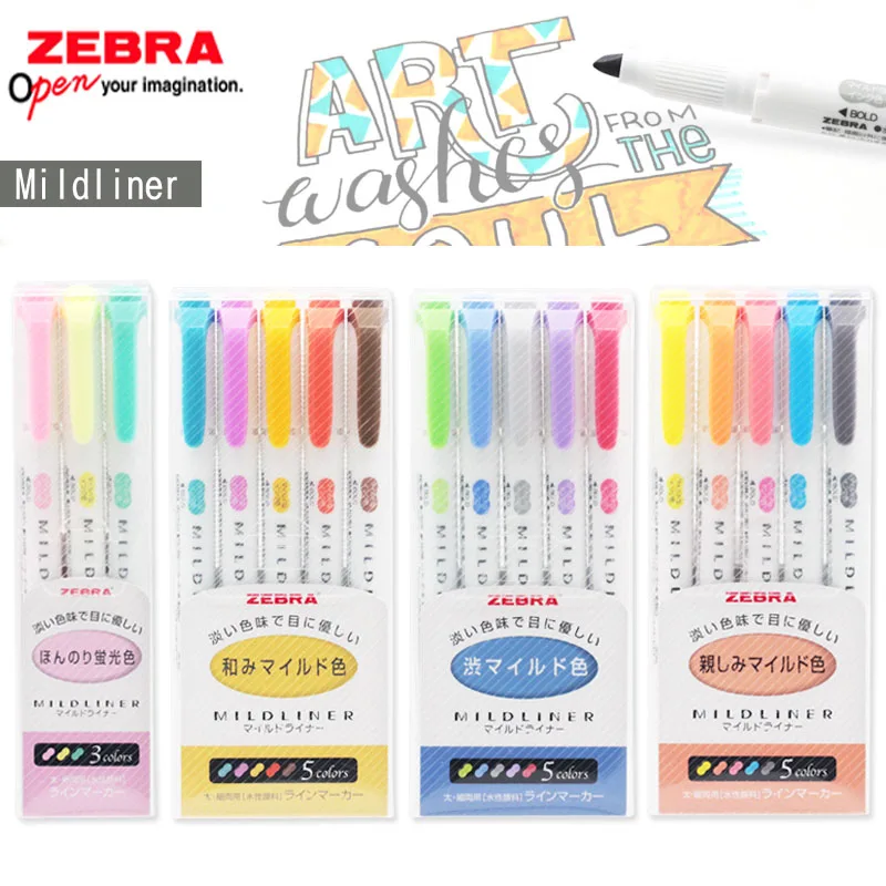 

ZEBRA Mildliner Color Art Markers 5 Colors Highlighter Double Head Liner Pen Set For Drawing, Hand Account