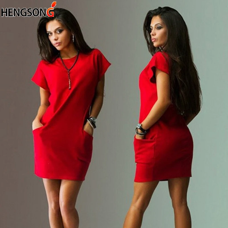 Женское Платье Vestidos летнее для женщин Повседневное мини-платье с коротким рукавом и круглым вырезом свободное повседневное женское платье с карманами - Цвет: red