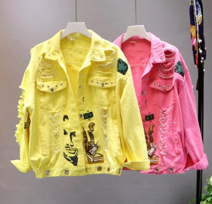 Harajuku, розовая/желтая джинсовая куртка для женщин, граффити, рваные джинсовые куртки, новинка, роскошные студенческие базовые пальто, наряд LT564S50