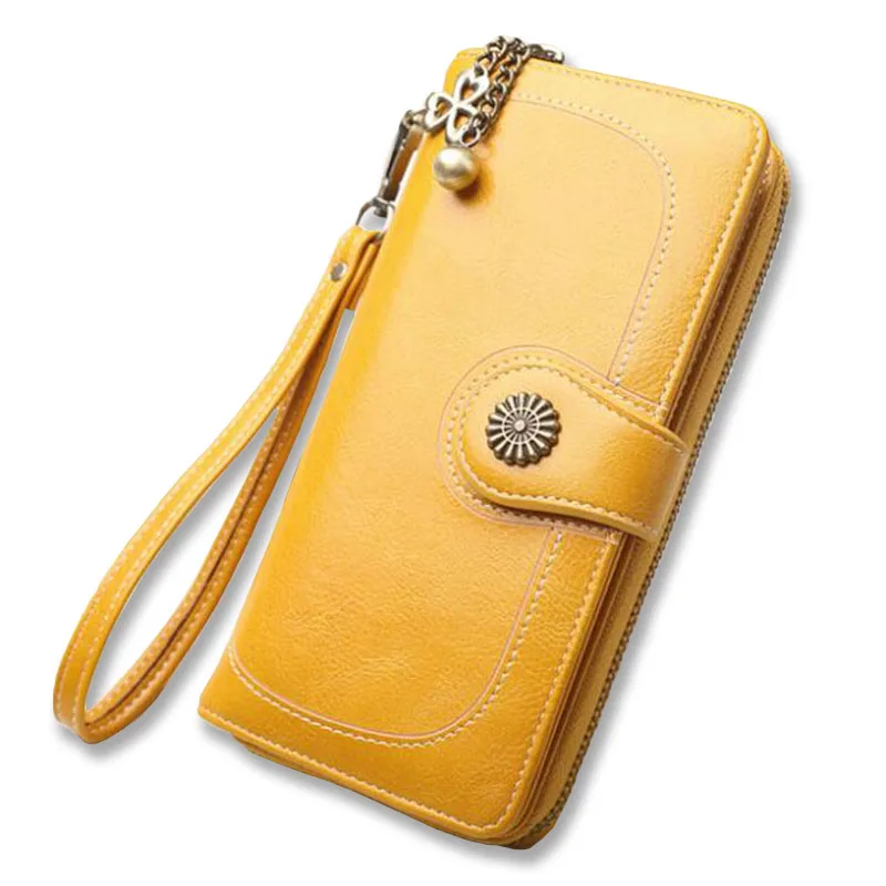 Модный женский желтый клатч, кожаный кошелек, винтажные Длинные кошельки с цветочным принтом, дизайнерский женский кошелек, браслет, сумка для денег, держатель для карт