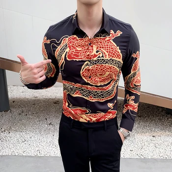 

Chinese Style Dragon Print Shirt Men High Quality Long Sleeve Mens Casual Shirts Slim Fit Streetwear Men Shirt Dress Club Tuxedo