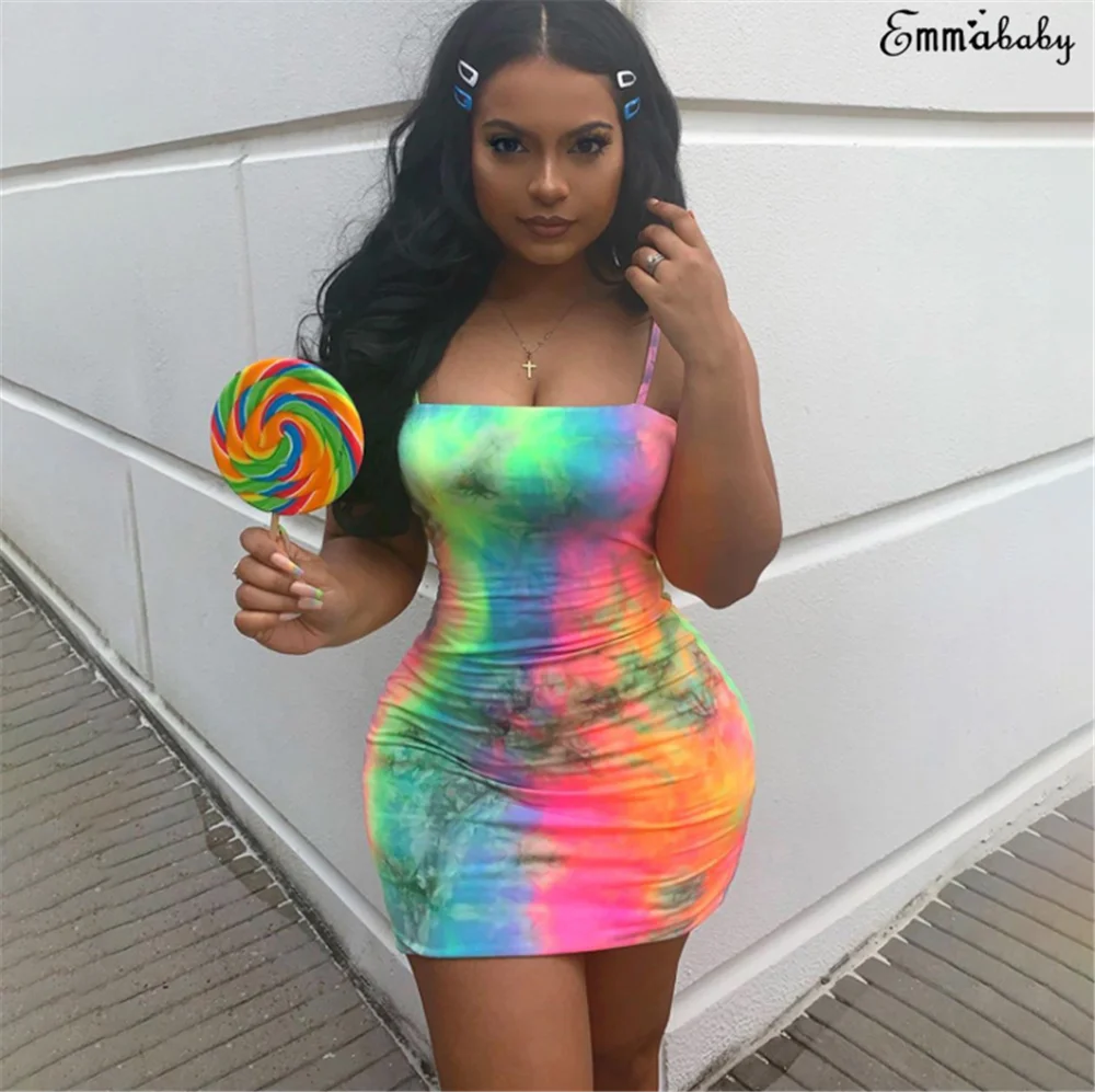 Sexy Women Sleeveless Bodycon Dress Sheath Party Gown Mini Short Dresses Women Skinny Sexy Mini Summer Tie Dyeing Dress