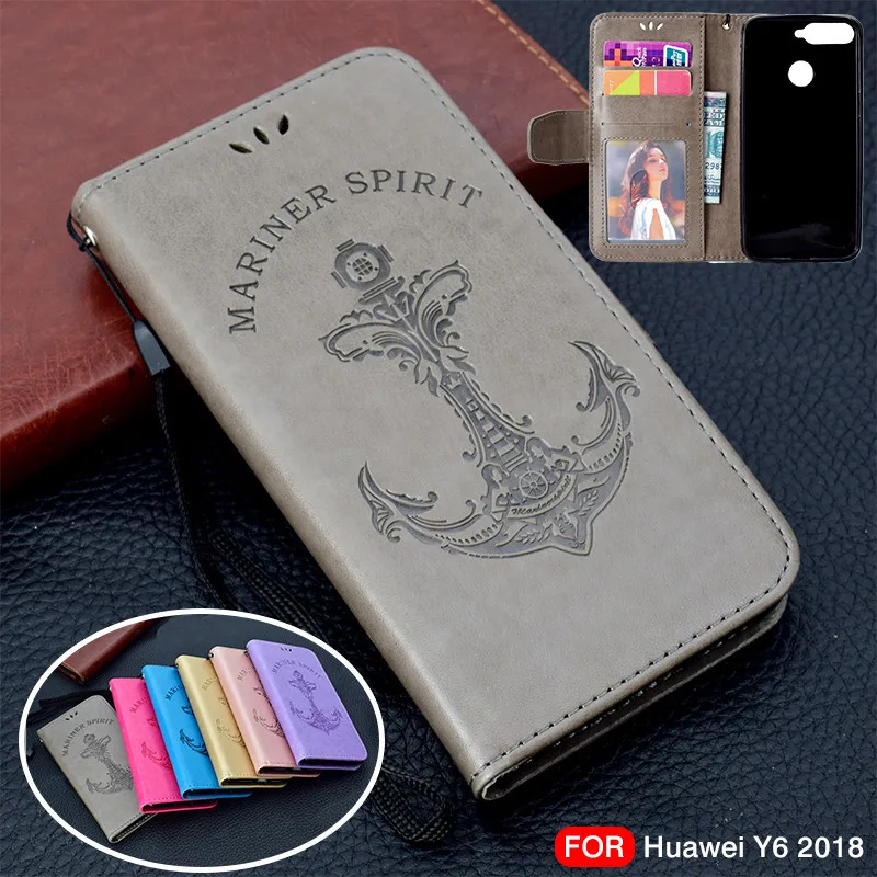 

Embossed Anchor Mermaid Pattern Leather Wallet Case for Huawei Y6 2018 Flip Card Holder Cover for Huawei Y6 2018 Coque Funda bag