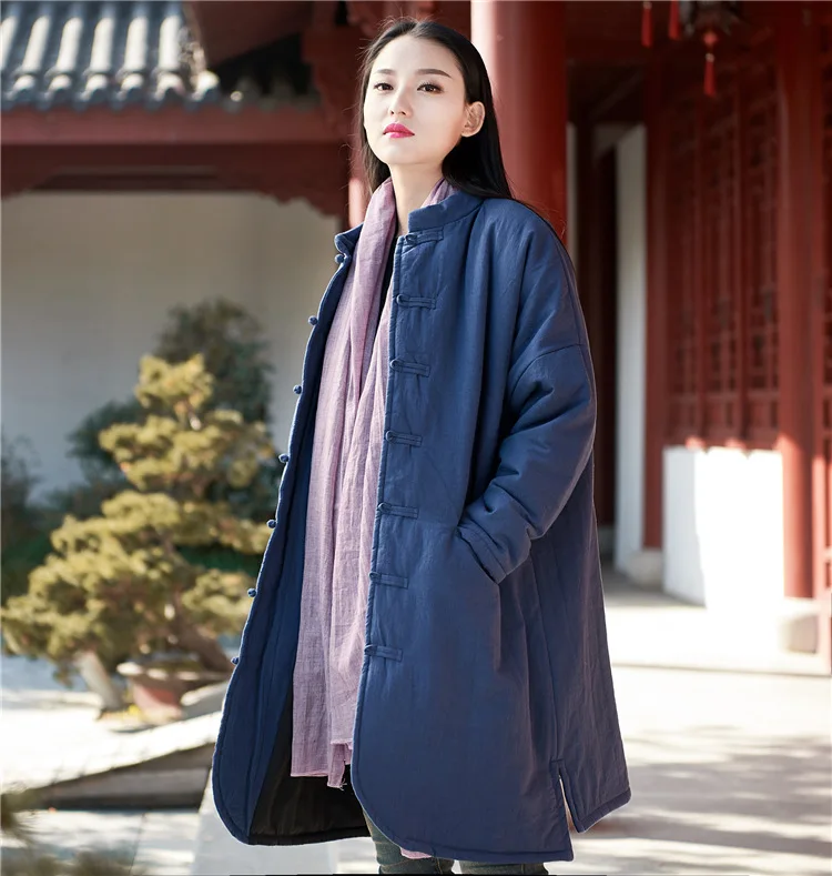 

Women Cotton Linen Retro Solid Color Padded Coat Outwear Single Breasted Overcoat Parkas Female Ladies Vintage Stand Collar Coat